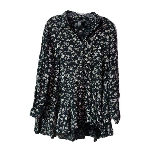 Chelsea & Theodore Shirt Size 1X Black Floral Print Tunic Button Up Top - Picture 1 of 7